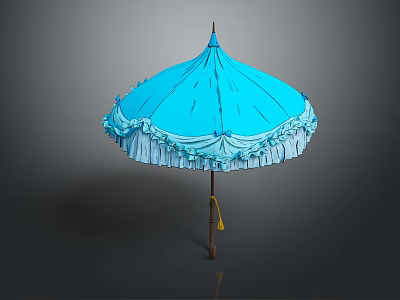 Scenic Outdoor Landscape With Blue Umbrella White Frilled Edge Brown Handle And Yellow Tassel 3d model