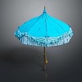 Scenic Outdoor Landscape With Blue Umbrella White Frilled Edge Brown Handle And Yellow Tassel