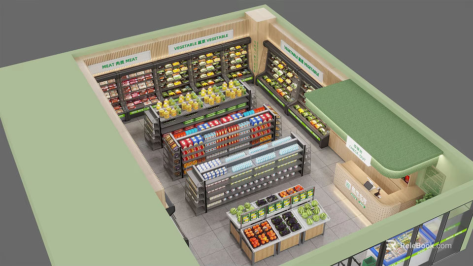 Birds Eye View of Modern Convenience Store Interior with Shelves of Fruits Beverages and Products 3d model 