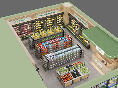Birds Eye View of Modern Convenience Store Interior with Shelves of Fruits Beverages and Products 3d model