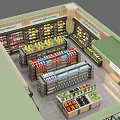 Birds Eye View of Modern Convenience Store Interior with Shelves of Fruits Beverages and Products