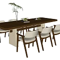 Modern Minimalist Dining Table Set with Wooden Tabletop Six Chairs White Cushions and Concrete Base