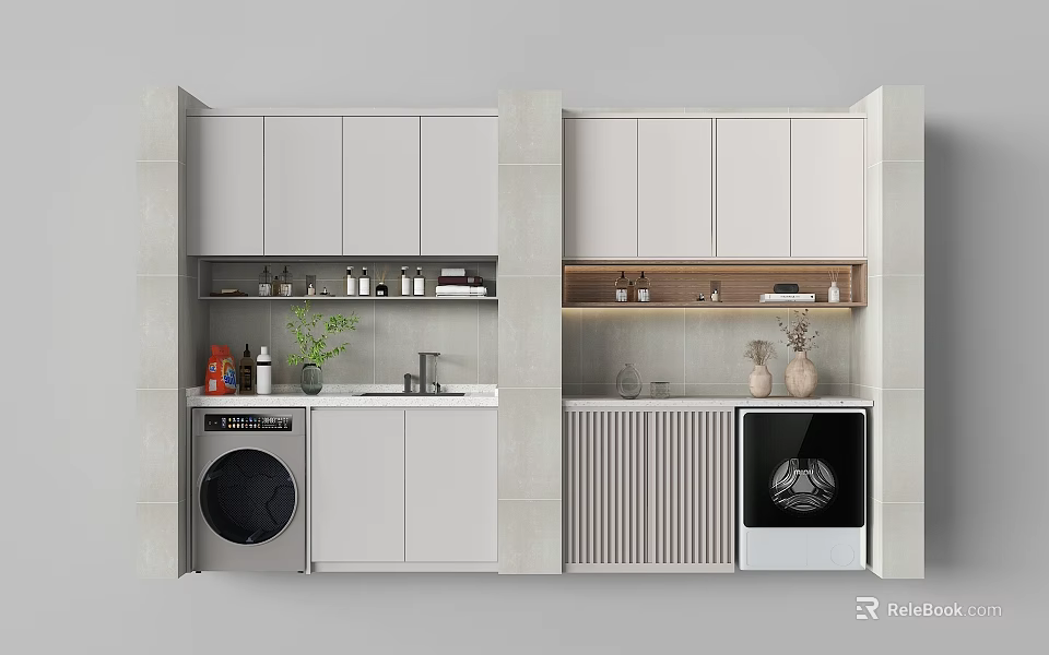 Modern Home Balcony Design With White Cabinets Washing Machine Dryer And Green Plants 3d model 