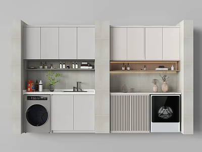 Modern Home Balcony Design With White Cabinets Washing Machine Dryer And Green Plants 3d model
