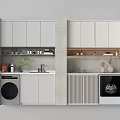 Modern Home Balcony Design With White Cabinets Washing Machine Dryer And Green Plants
