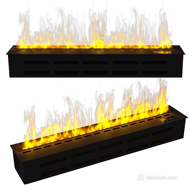 Modern Fireplace with Realistic Yellow Flame Effect and Black Sleek Interior Design 3d model 