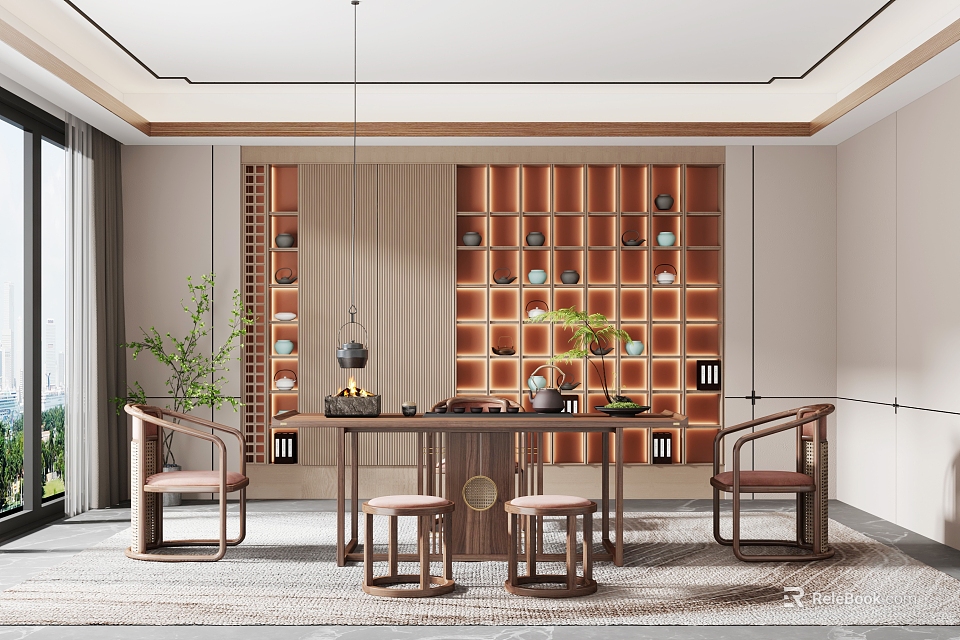 Traditional Chinese Tea Room Interior Design With Wooden Display Shelves Tea Sets And Green Plants 3d model 