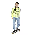 Man wearing yellow hoodie with black text DR SAVAGE on skateboard against gray background