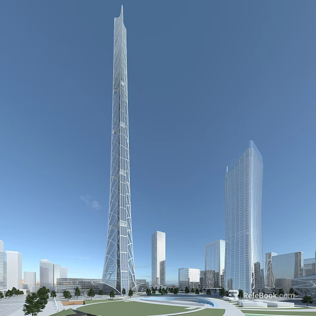 Modern Office Building Tall High Rise In City Skyline With Glass Facade And Architectural Design 3d model 