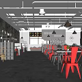 Modern Restaurant Interior With Red Chairs White Tables Hanging Lamps And Brick Wall