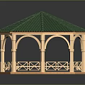 Hexagonal Gazebo With Green Roof Arched Porches Wooden Railings And Sturdy Base