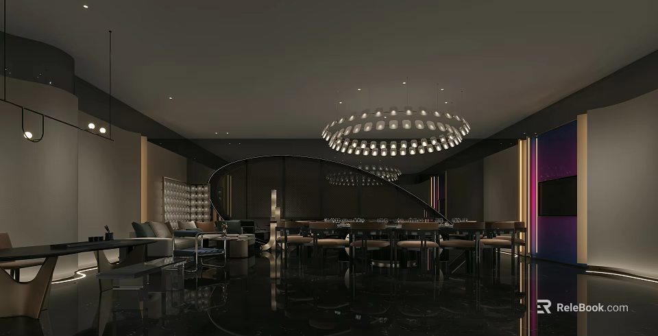 Luxury Private Room Interior Design With Chandelier Sofa And Dining Table Seats 3d model