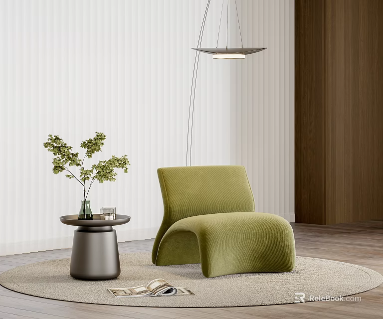 Green Velvet Lounge Chair With Small Round Table And Hanging Pendant Light In Modern Room 3d model 