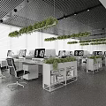 Modern Public Office Interior With White Desks Black Chairs Hanging Green Plants And Monitors