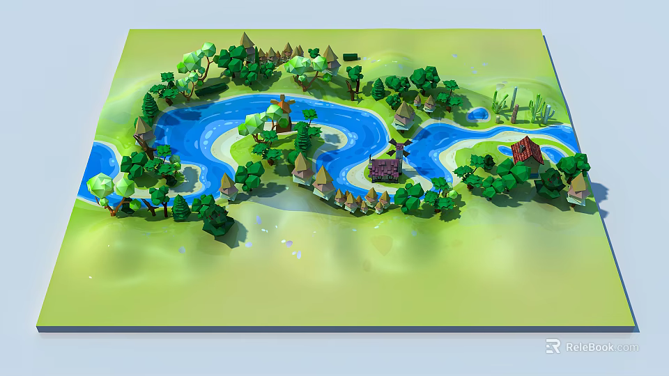 Vibrant Cartoon Scenic Landscape With Winding Blue River Lush Green Trees And Small Houses 3d model 