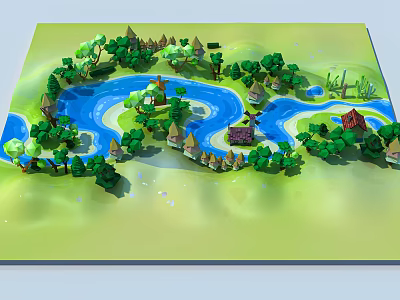 Vibrant Cartoon Scenic Landscape With Winding Blue River Lush Green Trees And Small Houses 3d model
