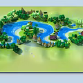 Vibrant Cartoon Scenic Landscape With Winding Blue River Lush Green Trees And Small Houses