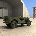 Green Vintage Jeep Military Style Vehicle In Concrete Hangar With Large Tires