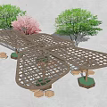 Modern Pergola With Open Grid Design Surrounding Trees Pink Flowers And Stone Planters