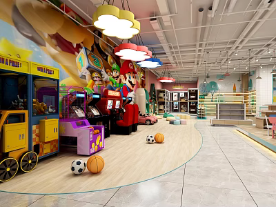 Colorful Kids Toy Store Interior With Toy Cars Game Machines Soccer Balls And Cartoon Murals 3d model
