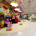 Colorful Kids Toy Store Interior With Toy Cars Game Machines Soccer Balls And Cartoon Murals