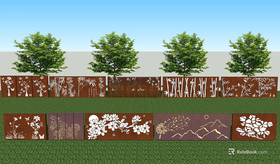 Ornamental Landscape Wall with Carved Floral and Mountain Designs on Green Lawn and Trees 3d model 