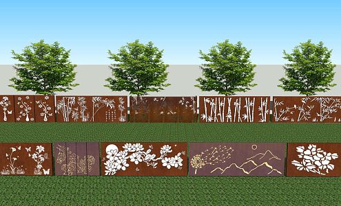 New Chinese Style Landscape Wall Folk Culture Rust Board Weather Resistant Steel Plate Silhouette Rust Board Landscape Wall Combination 3d model