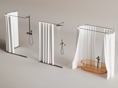 Orange Bathtub in Bathroom with White Shower Curtains and Glass Partitions 3d model