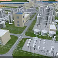Industrial Plant With Blue Roof Buildings Large Equipment Pipes And Cooling Towers On Green Lawn