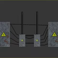 Home Safety Devices With Gray Metal Cases Yellow Warning Triangles And Black Connecting Pipes