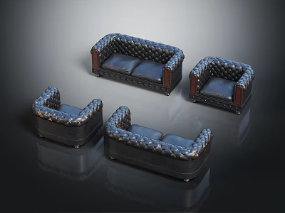 Luxury Tufted Leather Sofa Set With Wooden Arms And Matching Armchairs 3d model
