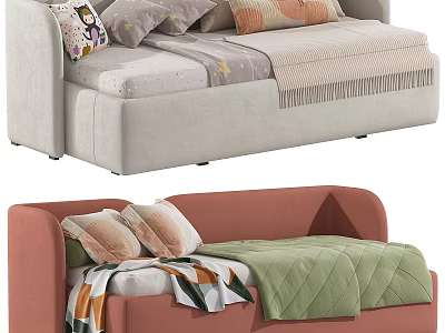 Modern Kids Bed With Colorful Pillows Soft Quilted Blanket And Upholstered Design 3d model