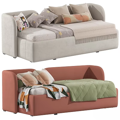 Modern Kids Bed With Colorful Pillows Soft Quilted Blanket And Upholstered Design 3d model
