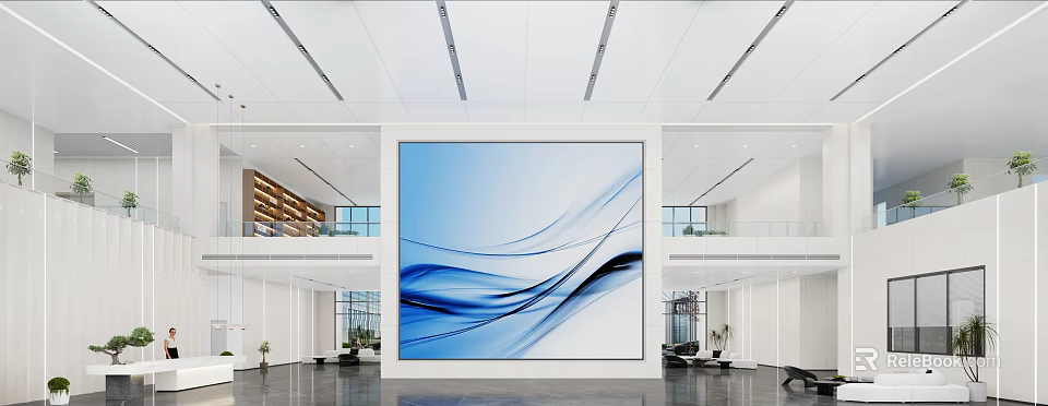 Modern School Hall Interior Featuring Large Blue Wavy Painting Glass Windows And Multi Level Structure 3d model