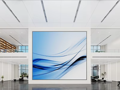 Modern School Hall Interior Featuring Large Blue Wavy Painting Glass Windows And Multi Level Structure 3d model