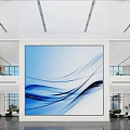 Modern School Hall Interior Featuring Large Blue Wavy Painting Glass Windows And Multi Level Structure 3d model