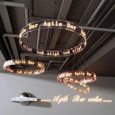 Ring Shaped Chandeliers with Illuminated Agile Bar Text in Bar Style Gray Ceiling and Pipes 3d model
