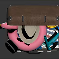 Open Brown Suitcase with Pink Flamingo Toy Straw Hat Blue Straw Colorful Cups and Shovel