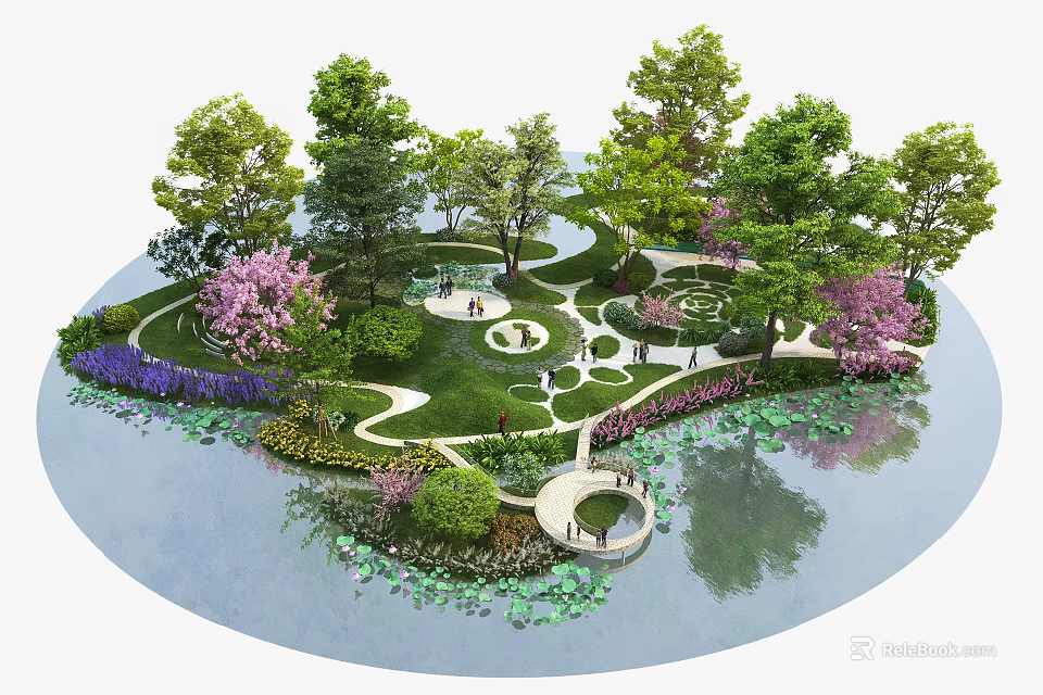 Picturesque Park Landscape With Trees Pink Flowering Trees Lawn Winding Paths Pond Water Lilies Bridge 3d model 