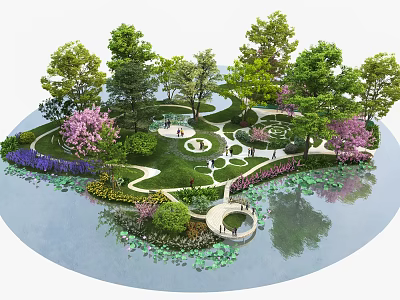 Picturesque Park Landscape With Trees Pink Flowering Trees Lawn Winding Paths Pond Water Lilies Bridge 3d model