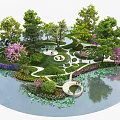 Picturesque Park Landscape With Trees Pink Flowering Trees Lawn Winding Paths Pond Water Lilies Bridge