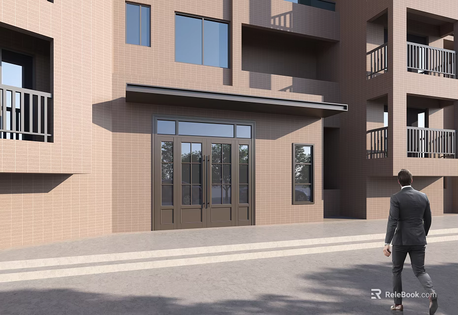 Modern Building Entrance Gate With Brown Brick Exterior Glass Doors And Balcony Railings 3d model 