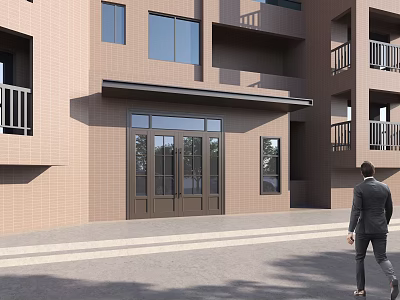 Modern Building Entrance Gate With Brown Brick Exterior Glass Doors And Balcony Railings 3d model