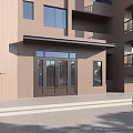 Modern Building Entrance Gate With Brown Brick Exterior Glass Doors And Balcony Railings