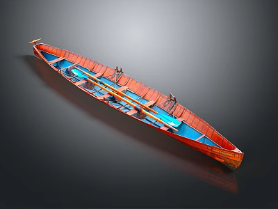 Traditional Wooden Canoe With Red Exterior Blue Interior And Wooden Seats 3d model