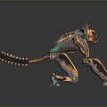 3D Designed Futuristic Game Movie Character With Metallic Structure Green Orange Accents And Spiked Legs