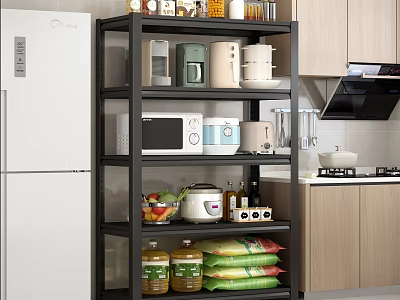 Kitchen Storage Shelf with Microwave Fruits Spices and Food Supplies in Modern Kitchen 3d model