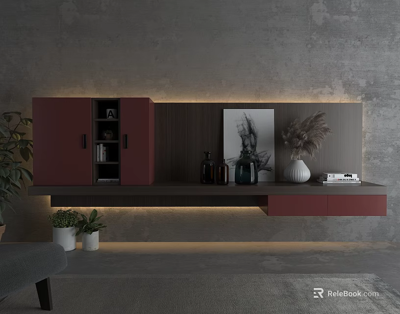 Modern TV Stand With Crimson Cabinet Doors Dark Countertop And Decorative Items On Grey Wall 3d model 