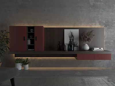 Modern TV Stand With Crimson Cabinet Doors Dark Countertop And Decorative Items On Grey Wall 3d model