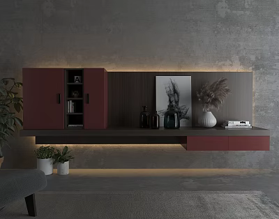 Modern TV Stand With Crimson Cabinet Doors Dark Countertop And Decorative Items On Grey Wall 3d model